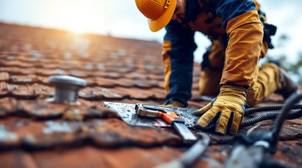 Witten Roofing inspector examining shingles on a Louisville home near Meadow Farms Place