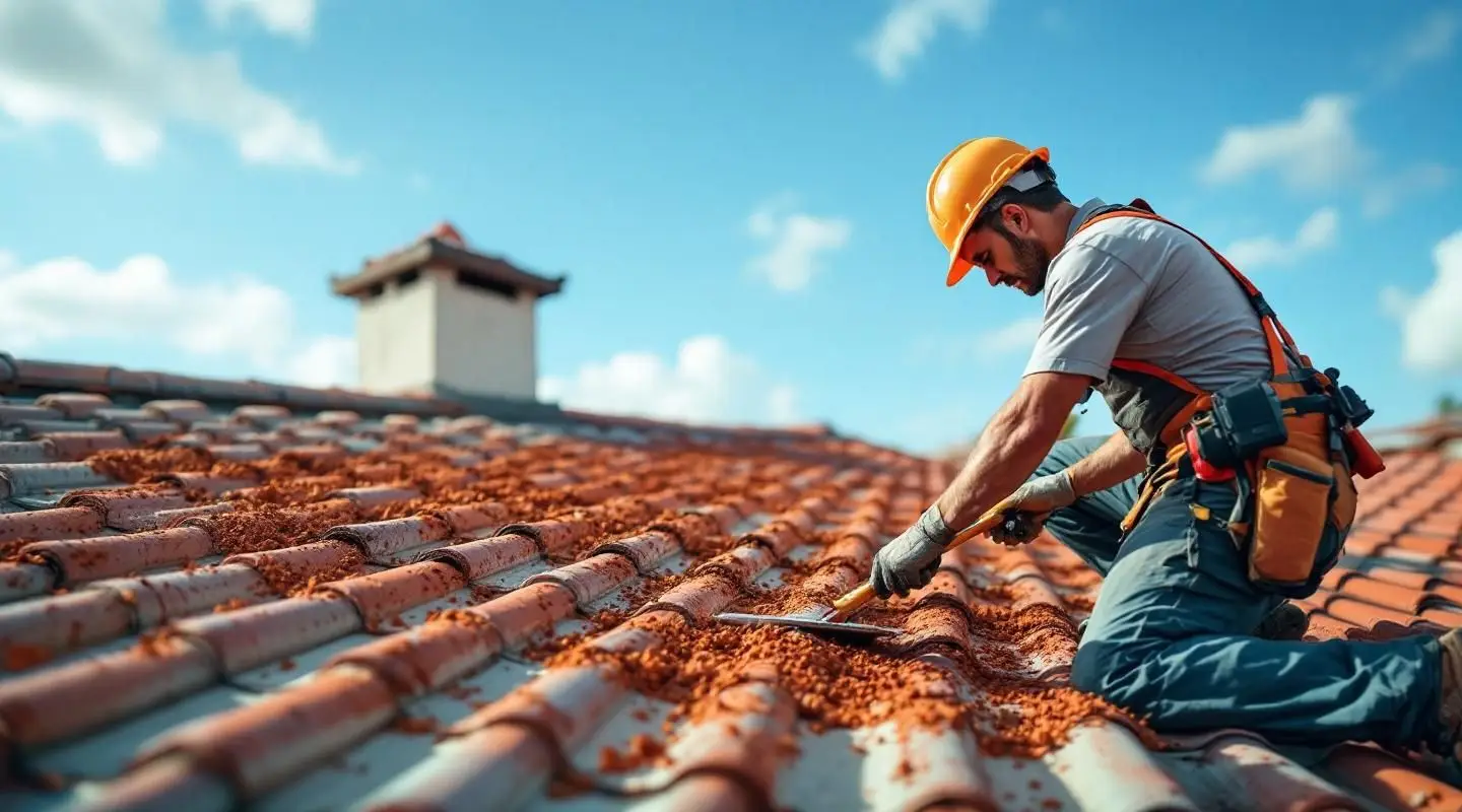 A commercial facility in Louisville featuring a newly installed red clay tile roof, shot in warm late-afternoon sunlight.