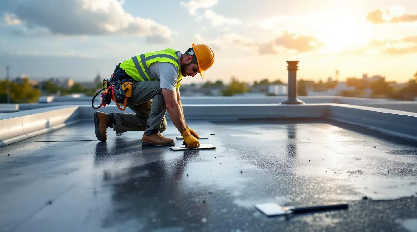 A professional roofing crew installing a durable black EPDM rubber membrane on a flat commercial roof in Louisville.