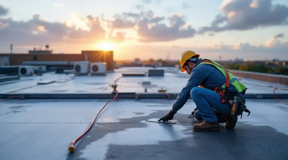 A professional roofing crew carefully installing a durable flat TPO membrane roof on a Louisville building in morning light.