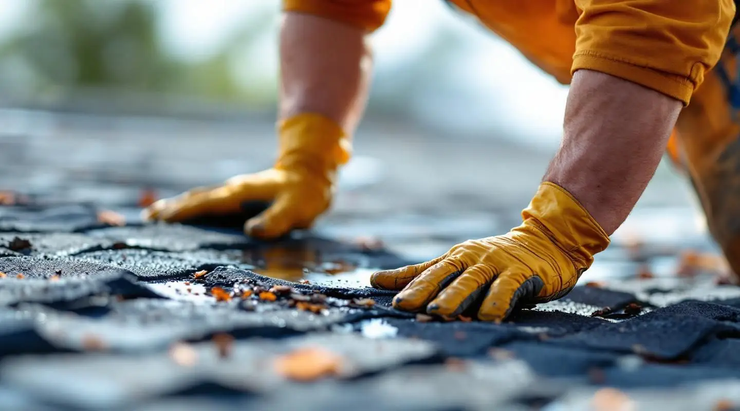 Witten Roofing technician patching a storm-damaged shingle roof during a rainy day in Louisville.