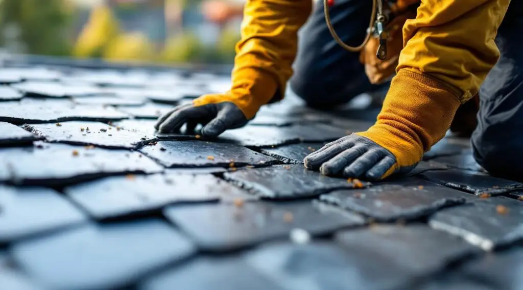 Professional roofing crew installing natural slate tiles on a historic commercial building in Louisville.