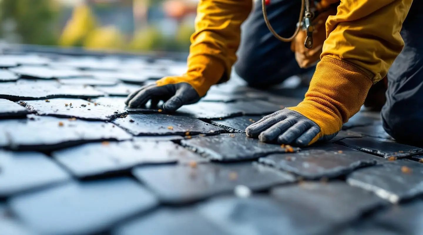 Professional roofing crew installing natural slate tiles on a historic commercial building in Louisville.