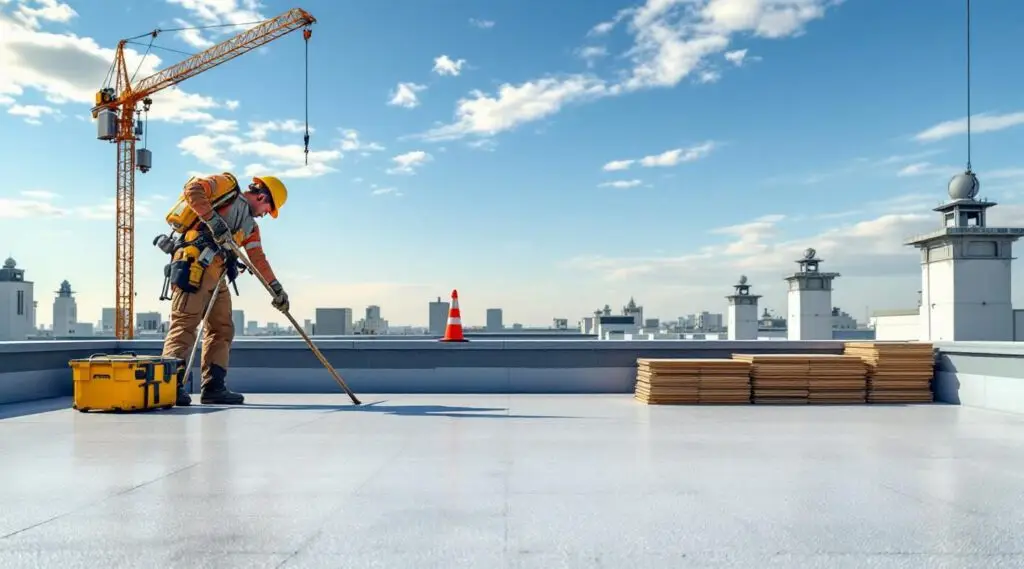 Commercial roofing crew heat-welding a white TPO flat roof membrane on a facility in Louisville, Kentucky under bright afternoon sun.