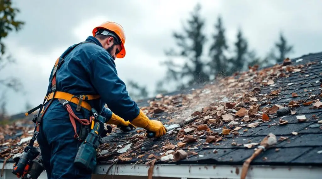 Witten Roofing technician inspecting hail-damaged shingles on a residential home in Louisville after a severe spring storm.