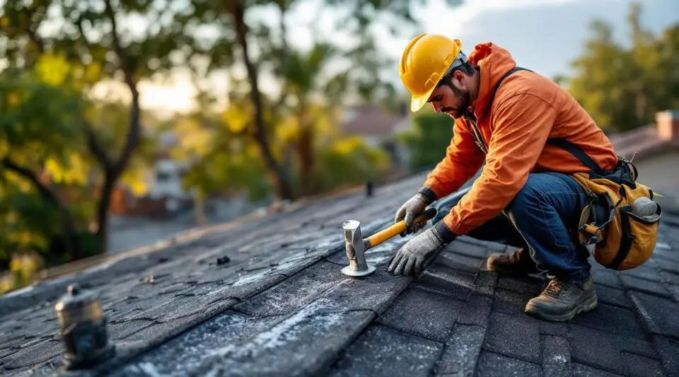 A professional roofer carefully inspecting shingles on a Louisville home during a bright, clear day.