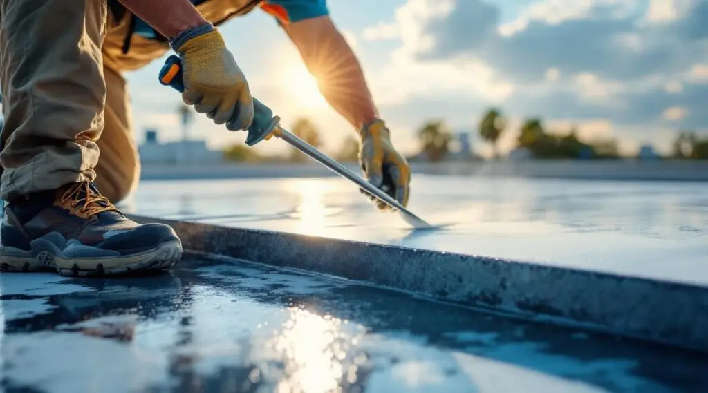Professional technician spraying white silicone roof coating onto a flat commercial roof in Louisville under bright sunlight.