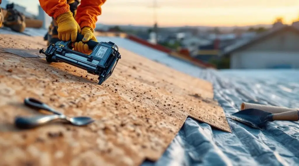 A professional roofing crew installing new architectural shingles on a Louisville home under a clear sky