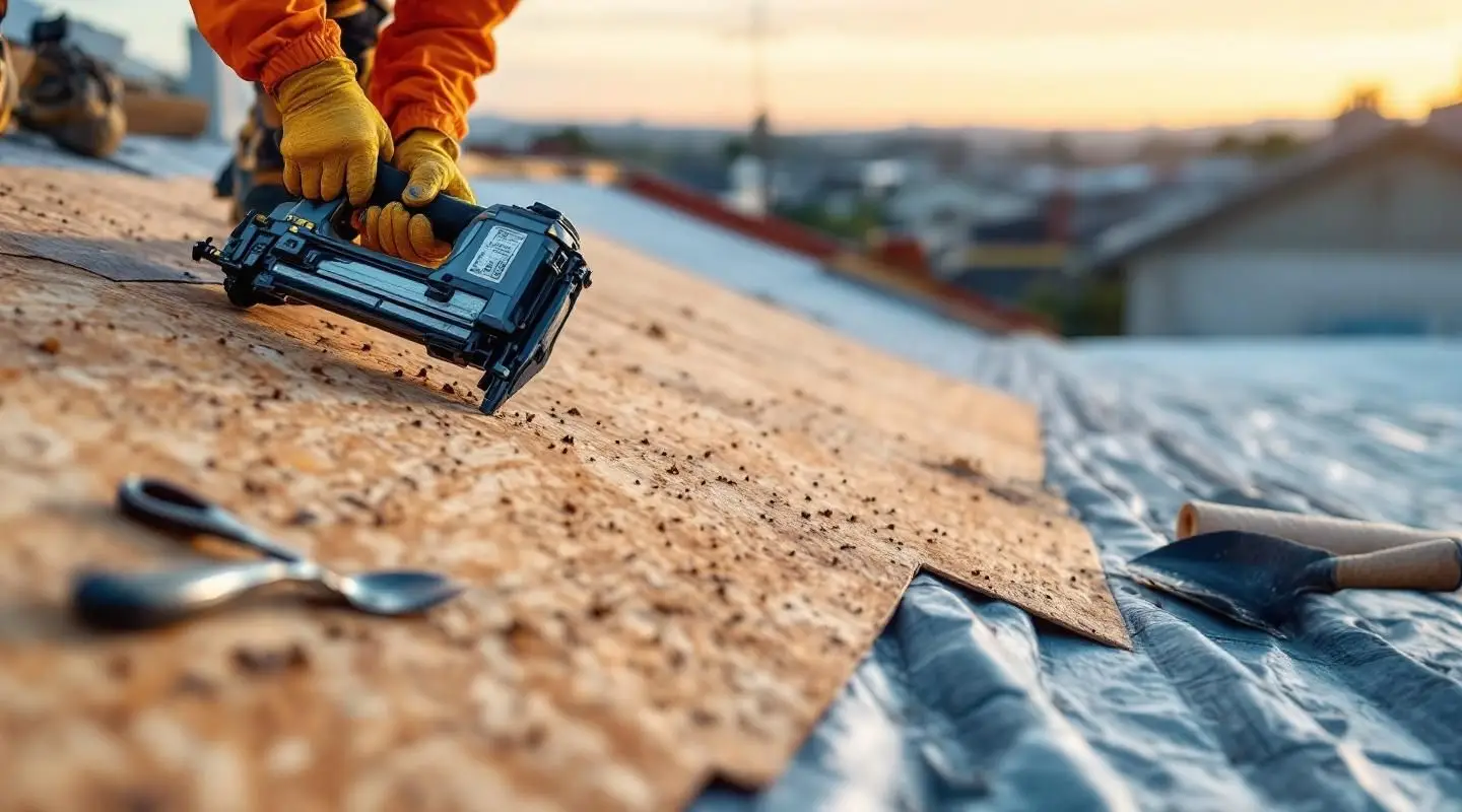 A professional roofing crew installing new architectural shingles on a Louisville home under a clear sky