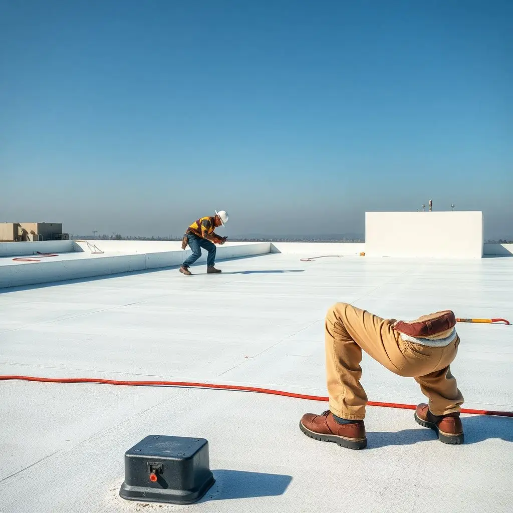 A roofing technician sealing a TPO membrane seam on a commercial flat roof in Louisville, Kentucky during a bright morning.