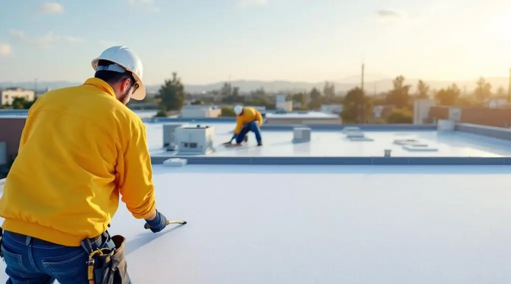 Roofing technicians hot-air welding white TPO membrane seams on a large flat commercial roof in Louisville, Kentucky.