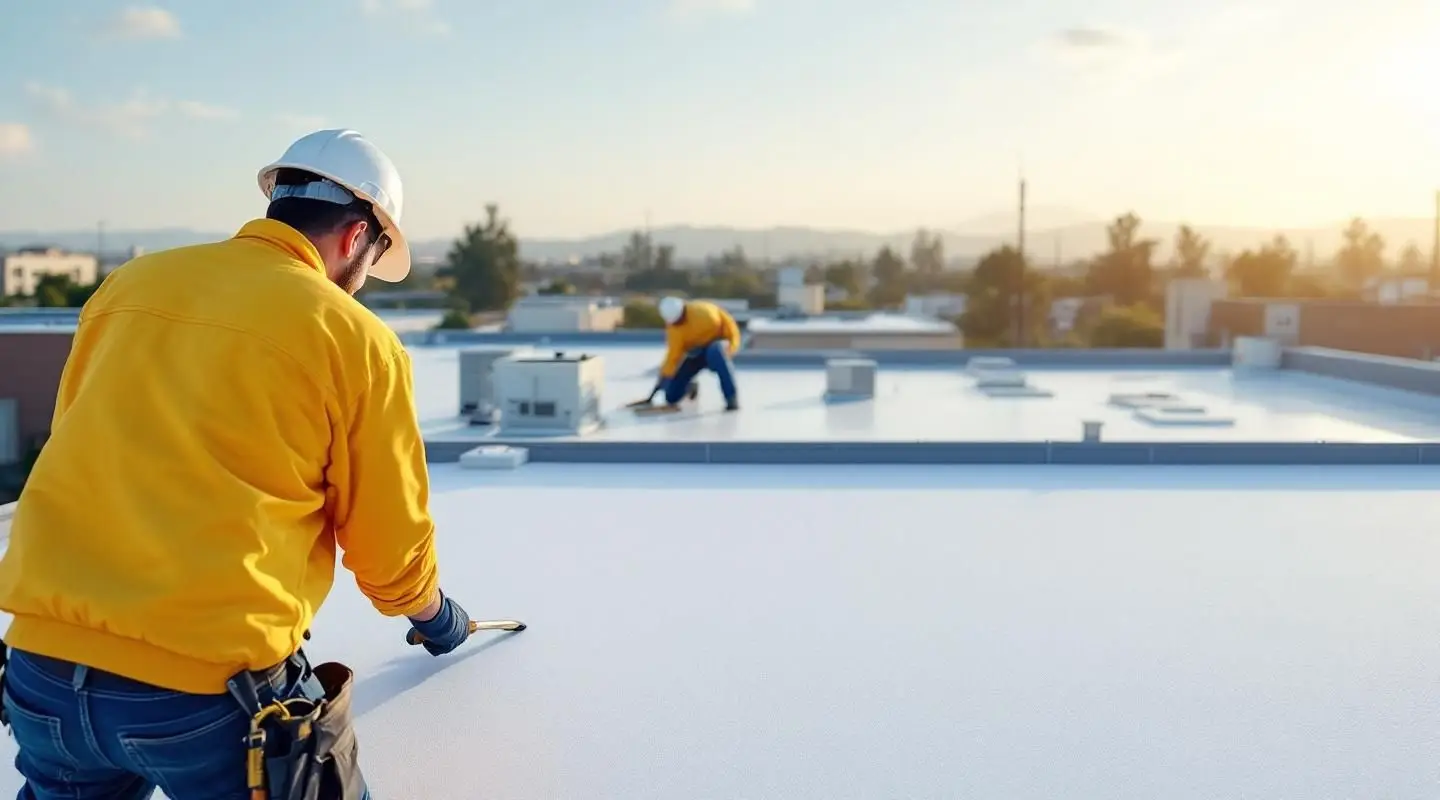 Roofing technicians hot-air welding white TPO membrane seams on a large flat commercial roof in Louisville, Kentucky.