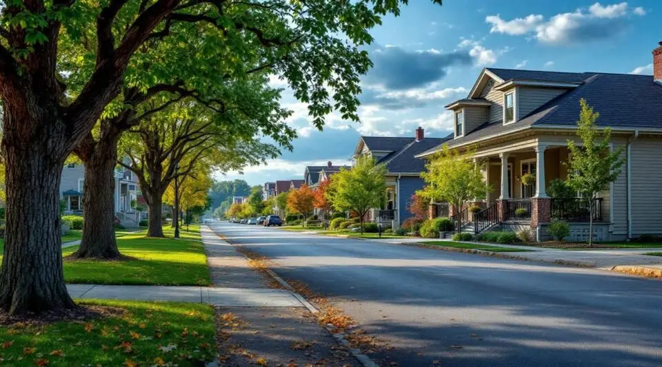 A residential street in Jeffersontown, Kentucky, showcasing classic brick ranch homes with newly installed asphalt shingle roofs under a clear sky.