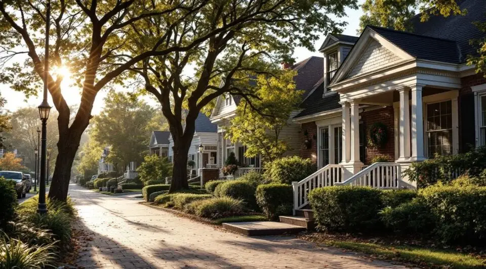 A residential street in Crestwood, Kentucky, showcasing steep-pitch shingle roofs under a clear sky with a roofing truck parked nearby.