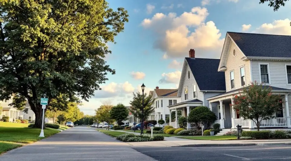 A quiet residential street in Middletown KY featuring brick ranch homes under mature oak trees with clean asphalt shingle roofs