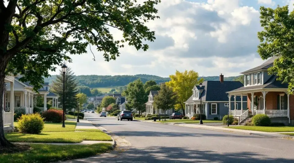 A residential street in Simpsonville, Kentucky, showing brick ranch homes with newly installed architectural shingles.